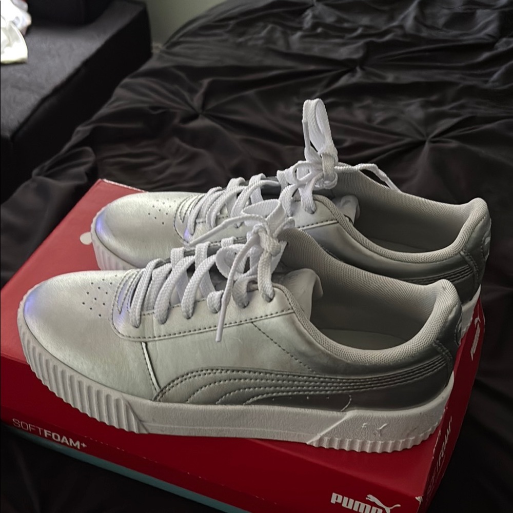 Puma Metallic Silver and White Sneakers